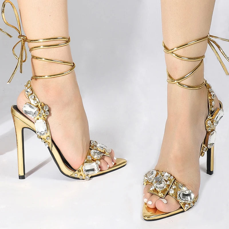 Sexy Ankle Strap Golded Sandals Women Party Nightclub Heels High Quality Crystal Diamond Pointed Toe Wedding Shoe
