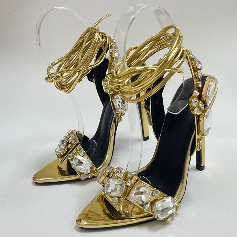 Sexy Ankle Strap Golded Sandals Women Party Nightclub Heels High Quality Crystal Diamond Pointed Toe Wedding Shoe