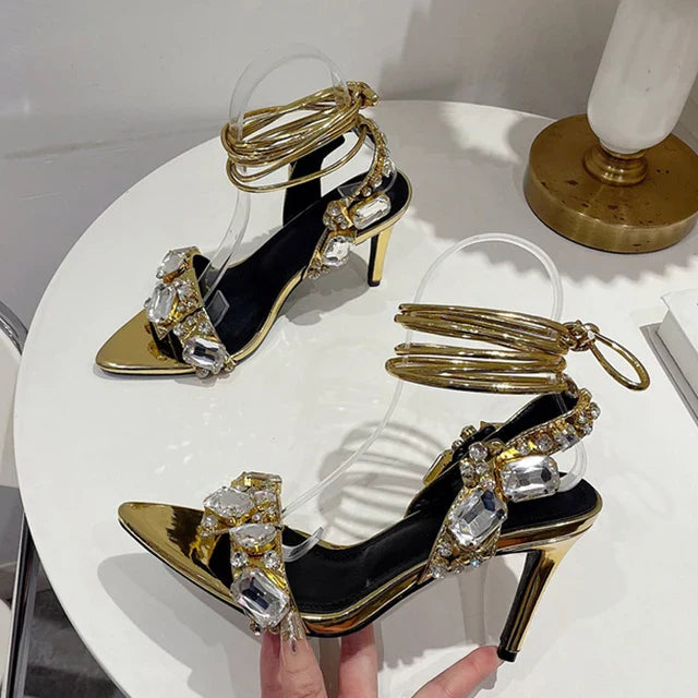 Sexy Ankle Strap Golded Sandals Women Party Nightclub Heels High Quality Crystal Diamond Pointed Toe Wedding Shoe