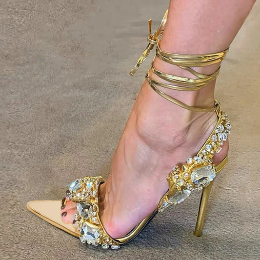 Sexy Ankle Strap Golded Sandals Women Party Nightclub Heels High Quality Crystal Diamond Pointed Toe Wedding Shoe